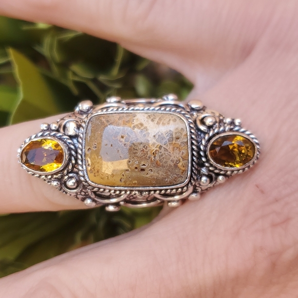 New Oversized Fossil Coral & Citrine 925 Silver Statement Ring. - Picture 2 of 13